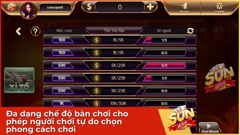 Game bài Xì Tố tại Sunwin đa dạng chế độ bàn chơi cho phép người chơi tự do chọn phong cách chơi
