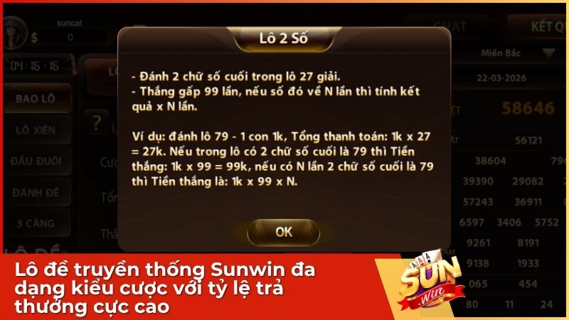 Đa dạng các kiểu cược lô đề truyền thống Sunwin như: Bao lô, đề đặc biệt, lô xiên và 3 càng